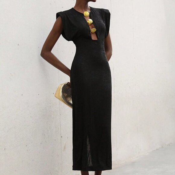 Black Elegant Women's Bodycon Long Dress Puff Sleeves Crew Neck - Picture 4 of 7